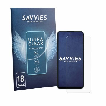 Face avant d’un emballage produit avec le logo de la marque Savvies. À côté, l’appareil HMD Luma est représenté avec la protec