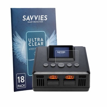 Face avant d’un emballage produit avec le logo de la marque Savvies. À côté, l’appareil Spektrum Smart Charger S250 est représ