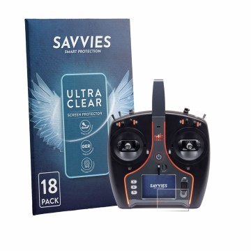 Front side of a product packaging with the brand logo Savvies. Next to it is the device Spektrum NX7e Plus shown with the corr