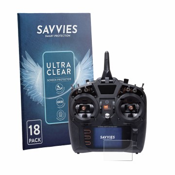 Face avant d’un emballage produit avec le logo de la marque Savvies. À côté, l’appareil Spektrum NX8 Plus est représenté avec 