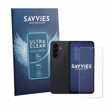 Parte frontal de un envase de producto con el logotipo de la marca Savvies. Al lado se muestra el dispositivo Samsung Galaxy A