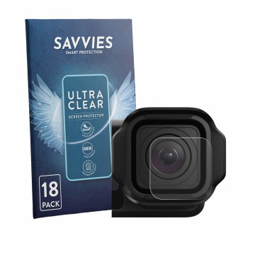 Face avant d’un emballage produit avec le logo de la marque Savvies. À côté, l’appareil GoPro Mission 1 Pro (Lentille) est rep