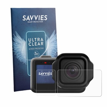 Front side of a product packaging with the brand logo Savvies. Next to it is the device GoPro Mission 1 shown with the corresp