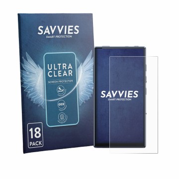 Front side of a product packaging with the brand logo Savvies. Next to it is the device FiiO M33 R2R shown with the correspond