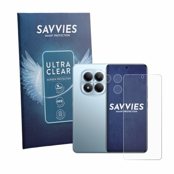Parte frontal de un envase de producto con el logotipo de la marca Savvies. Al lado se muestra el dispositivo Xiaomi Redmi Not