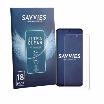Parte frontal de un envase de producto con el logotipo de la marca Savvies. Al lado se muestra el dispositivo Huawei Nova Y74 