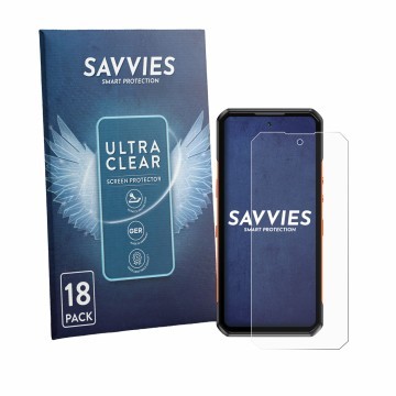 Face avant d’un emballage produit avec le logo de la marque Savvies. À côté, l’appareil Oukitel WP500 Ultra est représenté ave