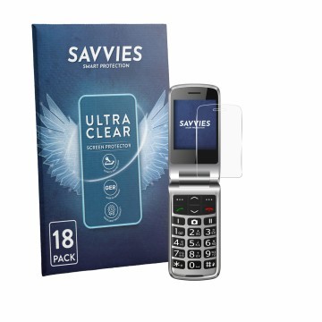 Vorderseite einer Produktverpackung mit dem Markenlogo Savvies. Daneben ist das Gerät bea-fon SL645 mit dem zugehörigen Displa