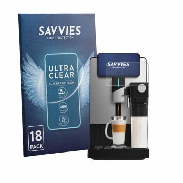 Front side of a product packaging with the brand logo Savvies. Next to it is the device Cecotec Cremmaet Latte Art A90_EU01 sh