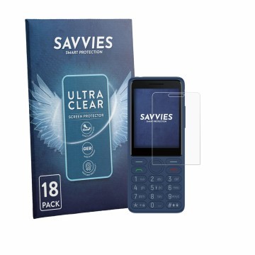 Parte frontal de un envase de producto con el logotipo de la marca Savvies. Al lado se muestra el dispositivo TCL OneTouch 404