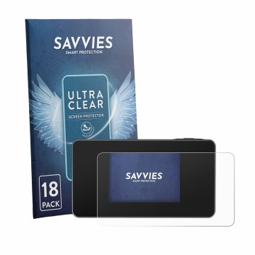 Front side of a product packaging with the brand logo Savvies. Next to it is the device TP-Link M8550 shown with the correspon