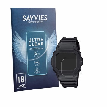 Face avant d’un emballage produit avec le logo de la marque Savvies. À côté, l’appareil Casio G-Shock GW-M5610U-1CJF est repré