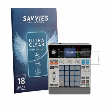 Front side of a product packaging with the brand logo Savvies. Next to it is the device Akai MPC Sample shown with the corresp