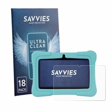 Vorderseite einer Produktverpackung mit dem Markenlogo Savvies. Daneben ist das Gerät SaveFamily Kids Tablet 7
