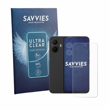 Vorderseite einer Produktverpackung mit dem Markenlogo Savvies. Daneben ist das Gerät TCL K70 4G (Display+Kamera) mit dem zuge