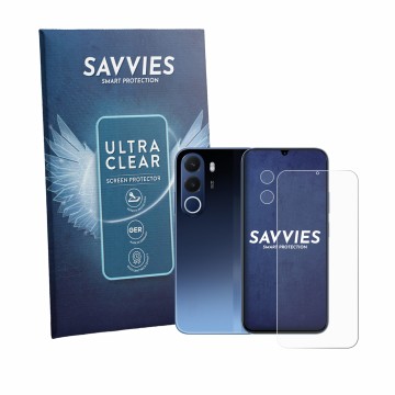 Front side of a product packaging with the brand logo Savvies. Next to it is the device realme C100x (Front+Camera) shown with