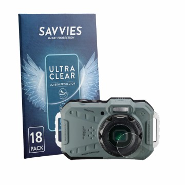 Parte frontal de un envase de producto con el logotipo de la marca Savvies. Al lado se muestra el dispositivo Ricoh Pentax WG-