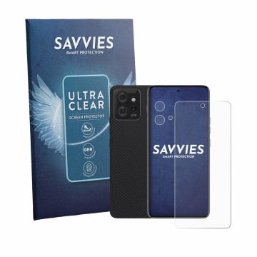 Vorderseite einer Produktverpackung mit dem Markenlogo Savvies. Daneben ist das Gerät Motorola ThinkPhone (Display+Kamera) mit