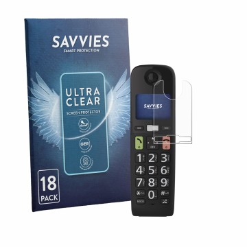 Vorderseite einer Produktverpackung mit dem Markenlogo Savvies. Daneben ist das Gerät Panasonic KX-TGU130 mit dem zugehörigen 