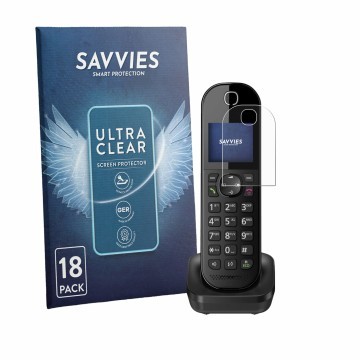 Face avant d’un emballage produit avec le logo de la marque Savvies. À côté, l’appareil Panasonic KX-TGC463 est représenté ave