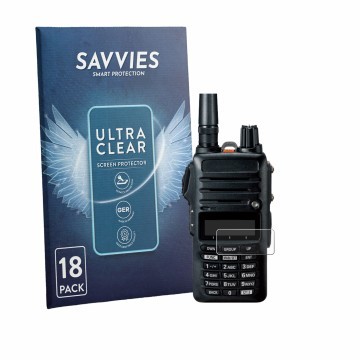 Front side of a product packaging with the brand logo Savvies. Next to it is the device Yaesu FTA-250 shown with the correspon