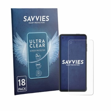 Parte frontal de un envase de producto con el logotipo de la marca Savvies. Al lado se muestra el dispositivo Samsung Galaxy X
