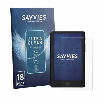 Parte frontal de un envase de producto con el logotipo de la marca Savvies. Al lado se muestra el dispositivo Xteink X4 Pro co