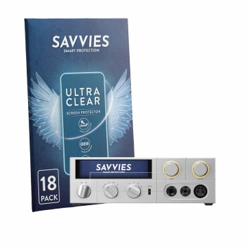 Front side of a product packaging with the brand logo Savvies. Next to it is the device FiiO K17 shown with the corresponding 