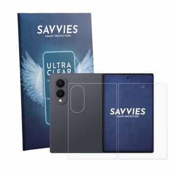 Front side of a product packaging with the brand logo Savvies. Next to it is the device Samsung Galaxy Z Fold 8 (Front+Back) s