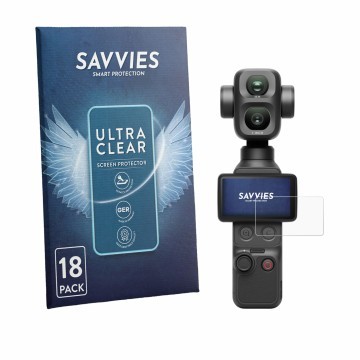 Vorderseite einer Produktverpackung mit dem Markenlogo Savvies. Daneben ist das Gerät DJI Osmo Pocket 4P mit dem zugehörigen D