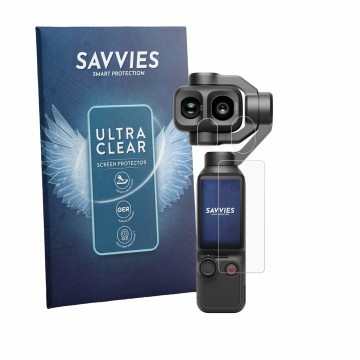 Vorderseite einer Produktverpackung mit dem Markenlogo Savvies. Daneben ist das Gerät DJI Osmo Pocket 4P (Display + Linse) mit