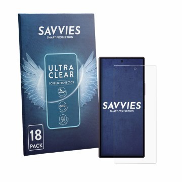 Parte frontal de un envase de producto con el logotipo de la marca Savvies. Al lado se muestra el dispositivo Samsung Galaxy Z