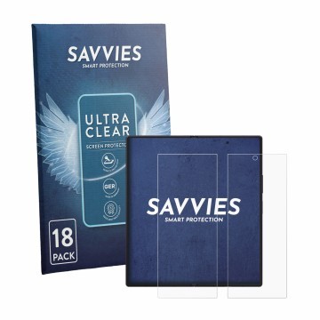 Parte frontal de un envase de producto con el logotipo de la marca Savvies. Al lado se muestra el dispositivo Samsung Galaxy Z