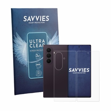 Face avant d’un emballage produit avec le logo de la marque Savvies. À côté, l’appareil Samsung Galaxy Z Fold 8 Ultra (Avant+A
