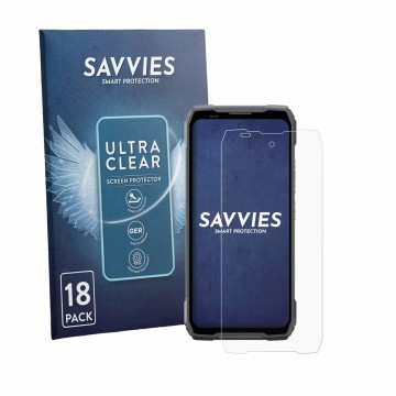 Parte frontal de un envase de producto con el logotipo de la marca Savvies. Al lado se muestra el dispositivo Blackview Xplore
