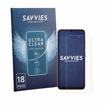 Vorderseite einer Produktverpackung mit dem Markenlogo Savvies. Daneben ist das Gerät Doogee Note 57 Lite mit dem zugehörigen 