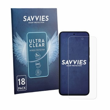 Face avant d’un emballage produit avec le logo de la marque Savvies. À côté, l’appareil Xiaomi Redmi Note 17 Pro 5G est représ