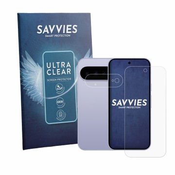 Vorderseite einer Produktverpackung mit dem Markenlogo Savvies. Daneben ist das Gerät Google Pixel 11 (Display+Kamera) mit dem
