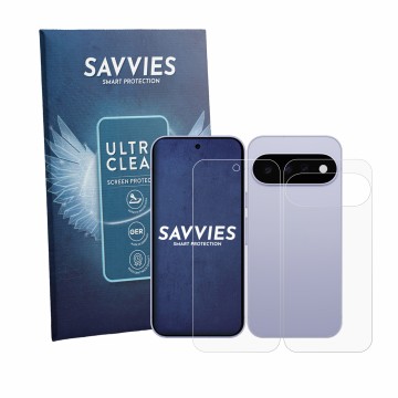 Vorderseite einer Produktverpackung mit dem Markenlogo Savvies. Daneben ist das Gerät Google Pixel 11 (Display+Rückseite) mit 