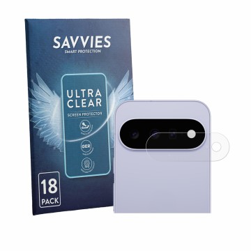 Vorderseite einer Produktverpackung mit dem Markenlogo Savvies. Daneben ist das Gerät Google Pixel 11 (NUR Kameraschutz) mit d
