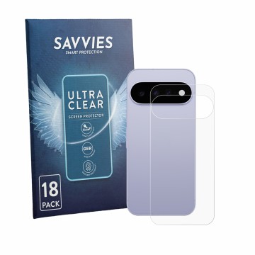 Vorderseite einer Produktverpackung mit dem Markenlogo Savvies. Daneben ist das Gerät Google Pixel 11 (Rückseite) mit dem zuge
