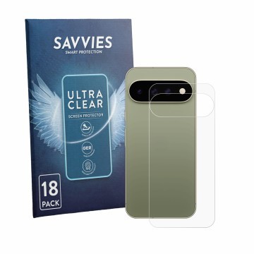 Parte frontal de un envase de producto con el logotipo de la marca Savvies. Al lado se muestra el dispositivo Google Pixel 11 