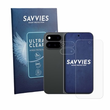 Front side of a product packaging with the brand logo Savvies. Next to it is the device Google Pixel 11 Pro Fold (Front+Camera