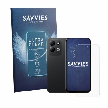 Front side of a product packaging with the brand logo Savvies. Next to it is the device Xiaomi Redmi 17 (Front+Camera) shown w