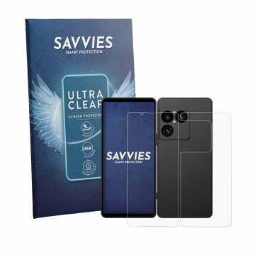 Front side of a product packaging with the brand logo Savvies. Next to it is the device Sony Xperia 1 VIII (Front+Back) shown 