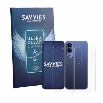 Parte frontale di una confezione del prodotto con il logo del marchio Savvies. Accanto è raffigurato il dispositivo Vivo V70 F