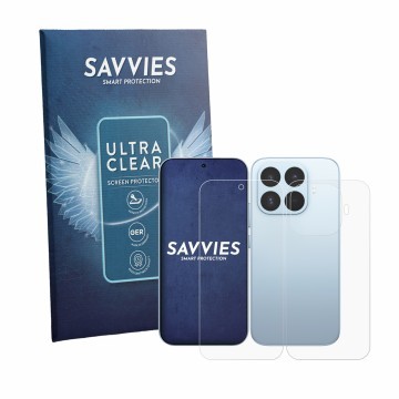 Parte frontale di una confezione del prodotto con il logo del marchio Savvies. Accanto è raffigurato il dispositivo Xiaomi 17T