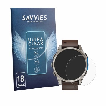 Vorderseite einer Produktverpackung mit dem Markenlogo Savvies. Daneben ist das Gerät Garmin D2 Mach 2 (47 mm) mit dem zugehör