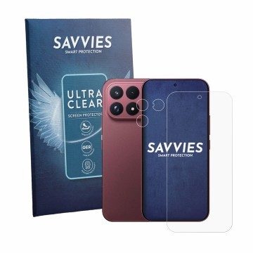 Parte frontal de un envase de producto con el logotipo de la marca Savvies. Al lado se muestra el dispositivo Xiaomi Poco F9 U