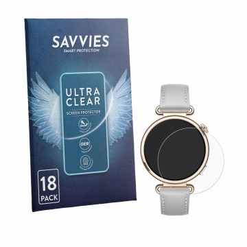 Face avant d’un emballage produit avec le logo de la marque Savvies. À côté, l’appareil Huawei Watch GT 7 (41 mm) est représen